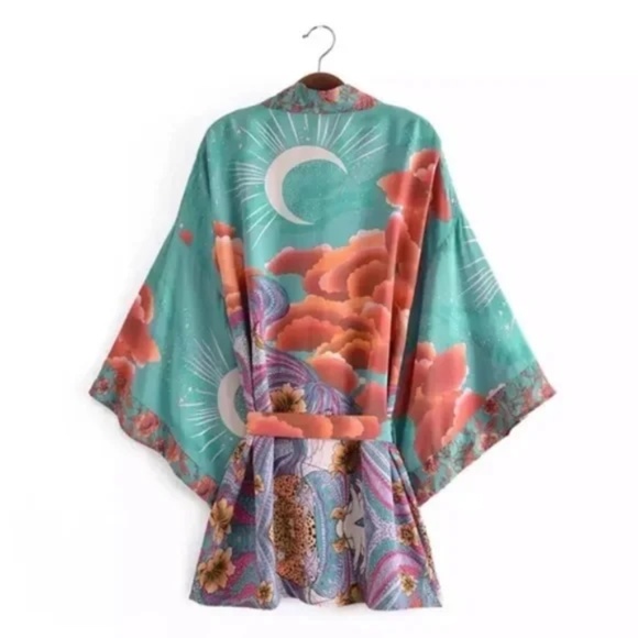 Green Cosmic Galaxy Moon Boho Short Kimono Coverup Robe - Picture 3 of 11